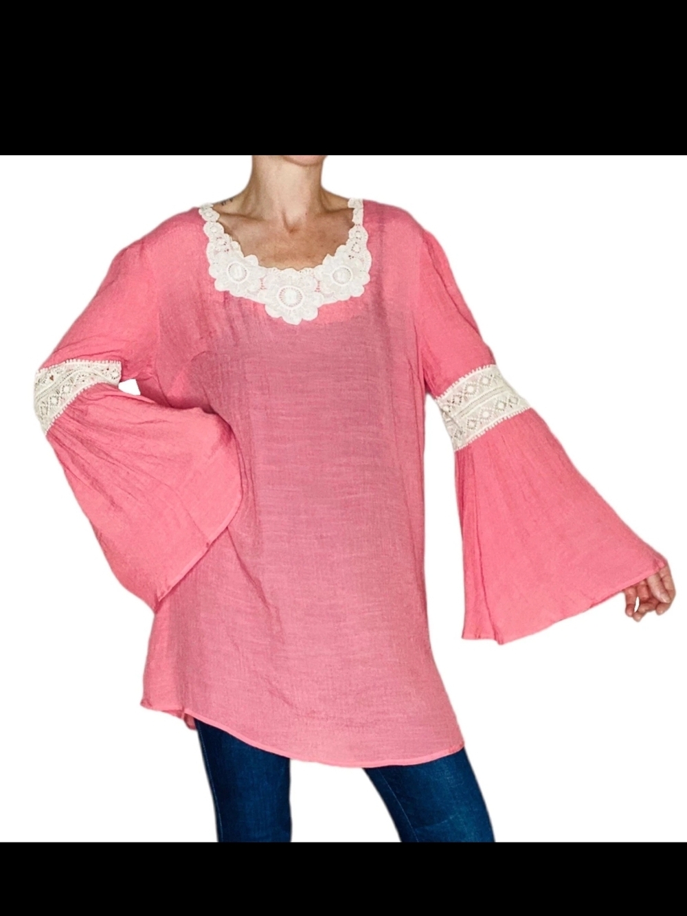 indigo soul Coral-Pink Crochet Trim Bell Sleeve Tunic